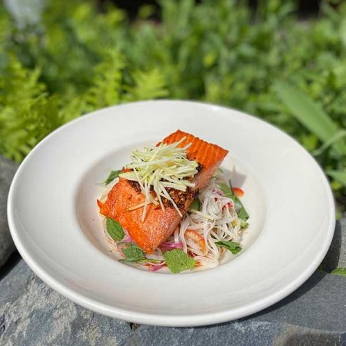 A plate of salmon on a bed of rice noodles, garnished with fresh herbs and julienned ginger, set against a green background.