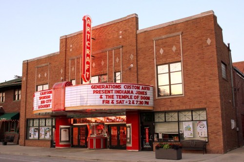 Historic Artcraft Theatre with a marquee advertising "Indiana Jones and the Temple of Doom" showtimes.