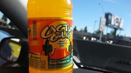 A bottle of Cactus Cooler orange pineapple soda sits in a car, with a billboard visible in the background.