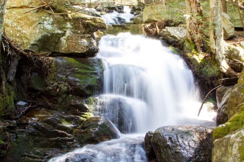 A serene waterfall cascading over moss-covered rocks in a lush forest setting.