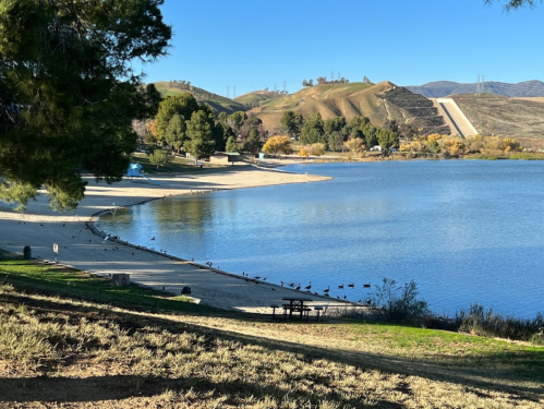 A serene lakeside view with sandy shores, green trees, and rolling hills under a clear blue sky.