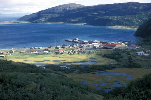 A scenic view of a coastal town surrounded by mountains, with water and green fields in the foreground.