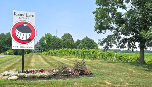 Sign for Round Barn Estate with a logo, surrounded by green grass and vineyards under a clear blue sky.