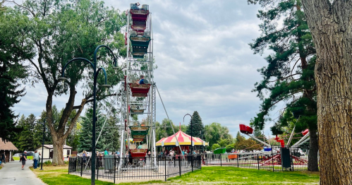 A Ferris wheel and carnival rides in a park, surrounded by trees and people enjoying the attractions.