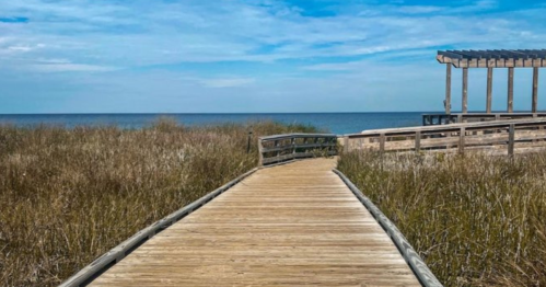 A wooden boardwalk leads through tall grass to the ocean under a blue sky with scattered clouds.