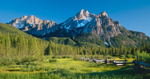 A scenic view of rugged mountains with snow caps, surrounded by lush green trees and a wooden fence in a meadow.