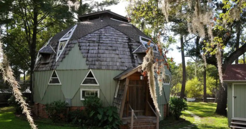 A unique, green, dome-shaped house surrounded by trees and hanging moss.