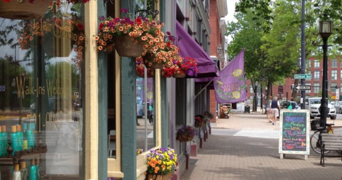 Colorful flower baskets adorn a charming street with shops, a purple awning, and pedestrians enjoying the day.