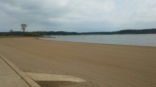 A sandy shoreline stretches along a calm lake, with trees in the background under a cloudy sky.
