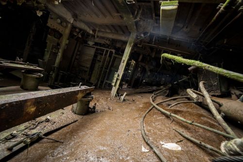 An abandoned, dilapidated interior with rusted machinery, debris, and water on the floor, surrounded by overgrown vegetation.