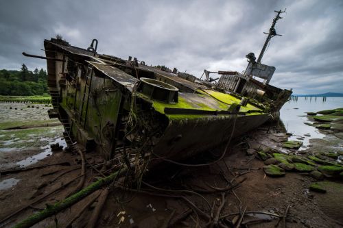 A weathered shipwreck covered in moss, resting on a muddy shore under a cloudy sky.