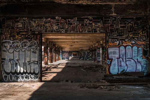 Abandoned building interior with graffiti-covered walls and wooden floors, illuminated by natural light.