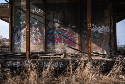 Graffiti-covered wall of an abandoned structure, with tall grass growing in the foreground.