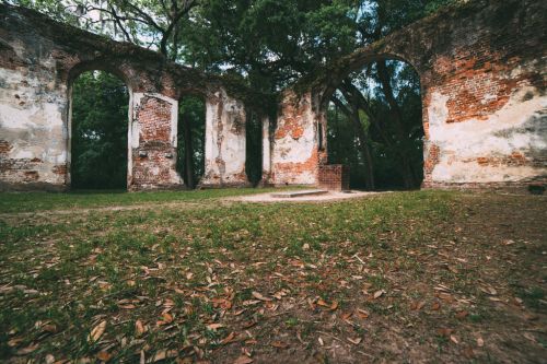 Ruins of a brick structure surrounded by greenery, with arched openings and a grassy floor scattered with leaves.