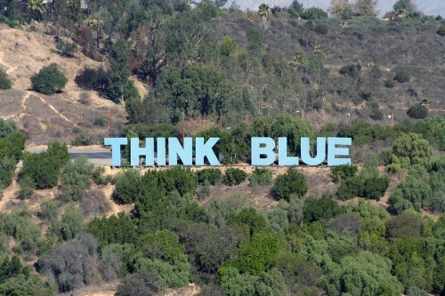 Large blue letters spelling "THINK BLUE" on a hillside surrounded by greenery.