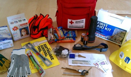 A red American Red Cross bag surrounded by emergency supplies, including a first aid kit, gloves, flashlight, and snacks.