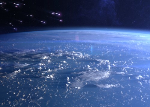 A view of Earth from space, featuring clouds and a starry background with streaks of light resembling meteors.