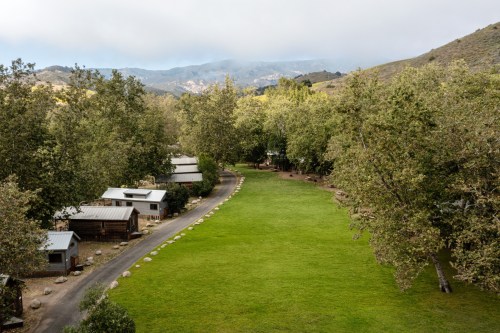 A serene landscape featuring a grassy path lined with trees and cabins, set against a backdrop of mountains.