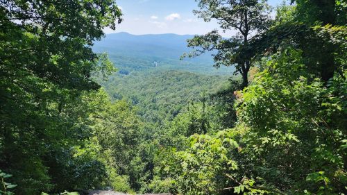 Lush green mountains and valleys under a clear blue sky, viewed from a rocky overlook surrounded by trees.