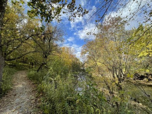 A serene path beside a river, surrounded by trees with autumn foliage under a partly cloudy sky.