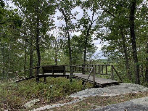 A wooden observation deck surrounded by trees, overlooking a scenic landscape under a cloudy sky.