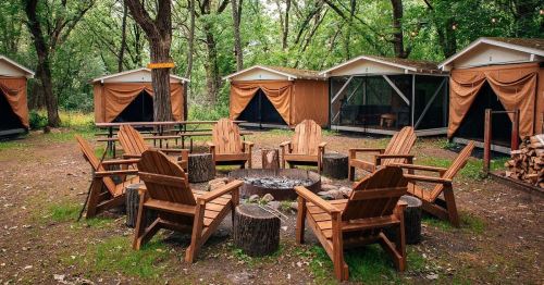 A circle of wooden chairs around a fire pit, with glamping tents in a wooded area.