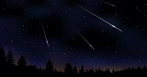 A night sky filled with stars and several shooting stars above a silhouette of trees.