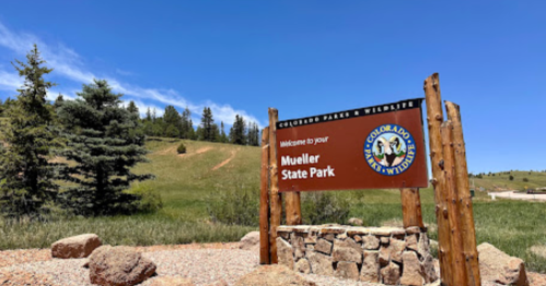 Sign welcoming visitors to Mueller State Park, surrounded by trees and grassy hills under a clear blue sky.
