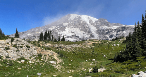 A majestic mountain with a glacier, surrounded by green meadows and trees under a clear blue sky.