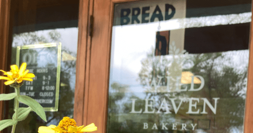 A close-up of a bakery window with "Wild Leaven Bakery" sign and yellow flowers in the foreground.