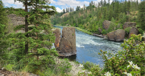 A serene river flows through a lush green landscape, flanked by rocky formations and trees under a partly cloudy sky.