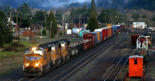A freight train with colorful cargo cars travels along a railway in a rural area, surrounded by trees and buildings.