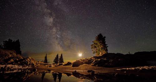 A serene night sky filled with stars and the Milky Way, reflecting in a calm pool of water surrounded by trees.