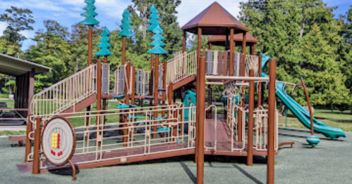 Colorful playground structure with slides and climbing areas, surrounded by green trees and grass.