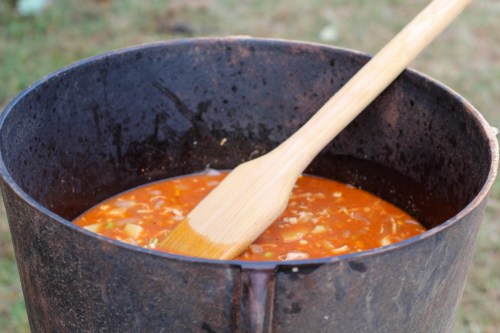 A large pot filled with soup, featuring a wooden spoon resting inside, set against a grassy background.