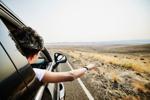 A person leans out of a car window, reaching toward the open landscape of a dry, sunlit road.