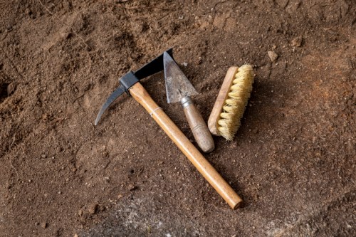 Three gardening tools—a hoe, a trowel, and a wire brush—resting on brown soil.
