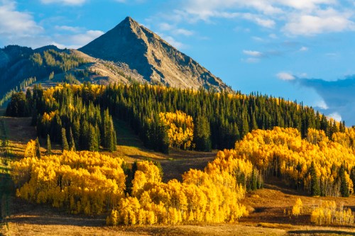 A scenic mountain landscape featuring a peak surrounded by vibrant autumn foliage and evergreen trees.