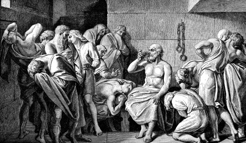 A historical scene depicting Socrates surrounded by mourners in a dimly lit prison cell.