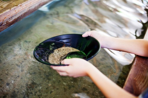 A person holds a black pan filled with sand and water, panning for gold in a shallow stream.