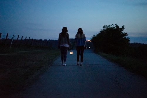 Two women walk hand in hand down a dimly lit path, holding a lantern, surrounded by a serene evening landscape.