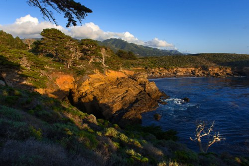 Coastal landscape with rocky cliffs, lush greenery, and a calm ocean under a blue sky with scattered clouds.
