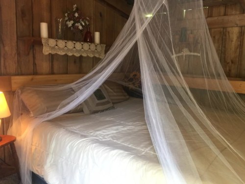 Cozy bedroom with a wooden interior, featuring a bed draped in a sheer canopy and soft lighting.