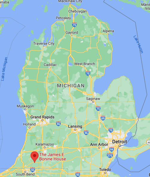 Map of Michigan highlighting the location of The James E. Bonine House near South Bend.