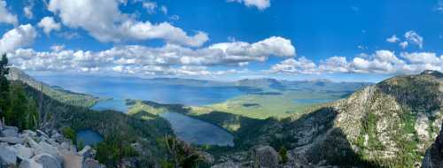 Panoramic view of a serene lake surrounded by mountains and lush forests under a blue sky with fluffy clouds.