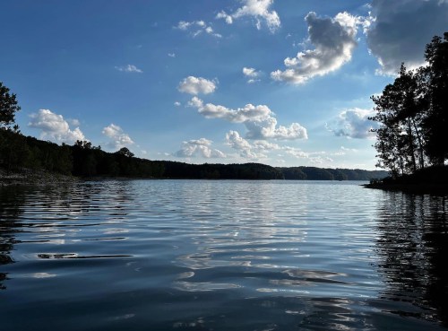 A serene lake scene with calm waters reflecting clouds and trees under a blue sky.