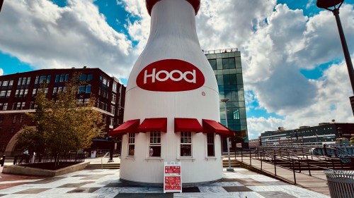 The Hood Milk Bottle, a 40-ft.-tall wooden milk bottle, located at Boston Harbor in front of the Boston Children's Museum.