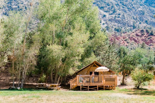 A cozy cabin surrounded by trees, with a picnic table nearby and mountains in the background on a sunny day.