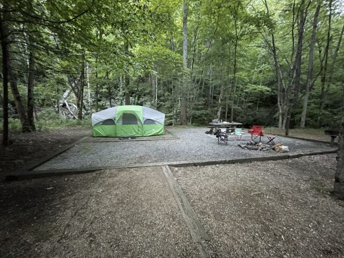 A green and gray tent set up in a wooded campsite with a picnic table and fire pit nearby.