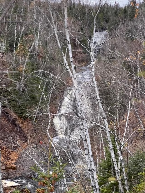 A waterfall cascading down rocky terrain, surrounded by bare trees and autumn foliage.